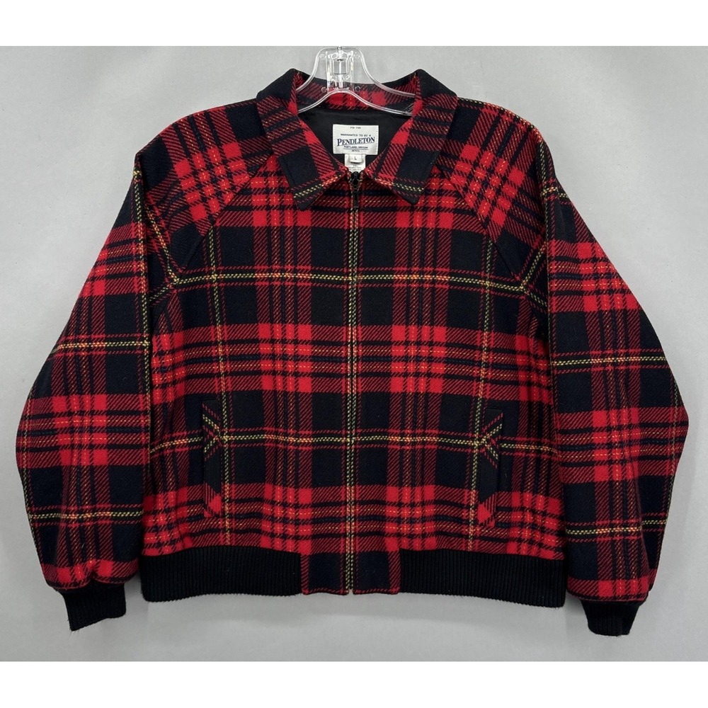 Pendleton‎ Jacket Women Large Petite Red Black Buffalo Plaid Wool Bomber USA VTG